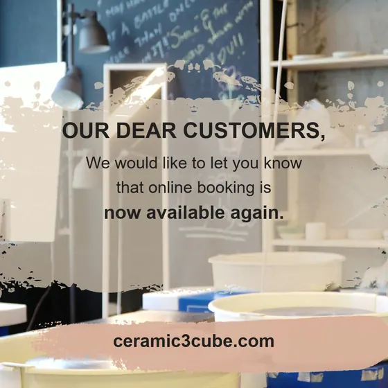Slide 1 of a Ceramic Cube Instagram carousel: a studio with a message that online booking is available again, and the address ceramic3cube.com.