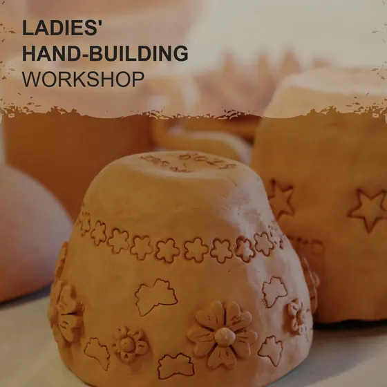 Slide 5 of the carousel: hand-built clay pieces decorated with flowers and stars, titled Ladies’ Hand-building Workshop.